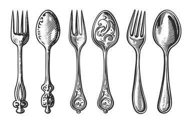 Fork and spoon, cutlery in sketch style. Cooking concept. Generative AI, vintage illustration for restaurant, cafe menu - obrazy, fototapety, plakaty