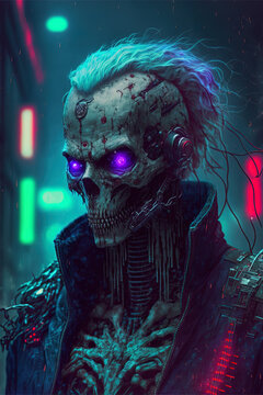 Futuristic zombie skeleton with cyberpunk elements and neon lights, Generative AI