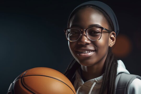 Black Woman With Glasses Smiles While Playing Basketball. Generative AI.