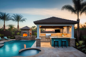 A backyard oasis with a swimming pool, a cabana, and a built-in barbecue grill - Generative AI