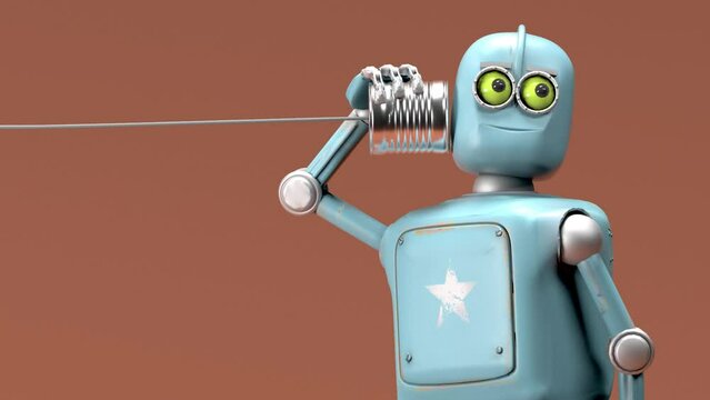 Retro robots talking on tin can phones. 3d render