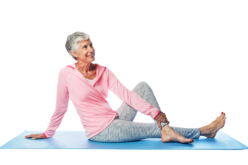 Thinking, stretch and yoga with senior woman and fitness idea isolated on a png background. Future, contemplating and pilates workout of a mature female stretching for flexibility and wellness