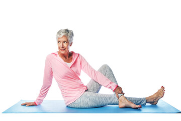 Flexibility, fitness and senior woman in yoga twist to stretch for old age health and wellness. Png, isolated background and yogi practice of a mature female for physical workout and wellbeing