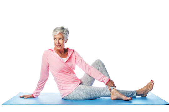 Flexibility, fitness and senior woman in yoga twist to stretch for old age health and wellness. Png, isolated background and yogi practice of a mature female for physical workout and wellbeing