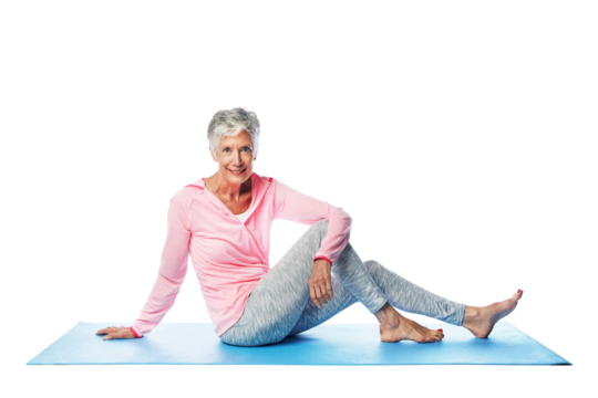 Portrait, smile and mature female yogi with flexible body health and wellness. Isolated, transparent and png background for a senior woman with a zen and peaceful mindset fitness routine