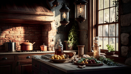 Fototapeta na wymiar Interior design of a beautiful cottage kitchen. Generative AI.