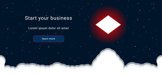 Business startup concept Landing page screen. The rhombus symbol on the right is highlighted in bright red. Vector illustration on dark blue background with stars and curly clouds from below