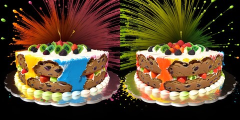 Two cakes decorated with colorful icing and sprinkles