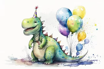 Deurstickers Watercolor illustration of cute dinosaur with colorful balloons. Greeting birthday card,  poster, banner for children. White background. AI generated © bit24