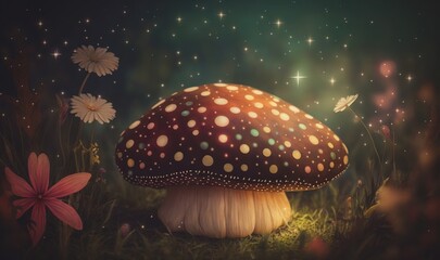Fototapeta na wymiar a mushroom sitting on top of a lush green field next to a flower filled forest filled with lots of stars and small white dots on it. generative ai