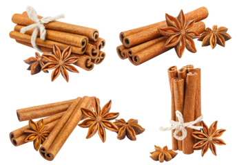Collection of delicious cinnamon sticks and star anise, cut out