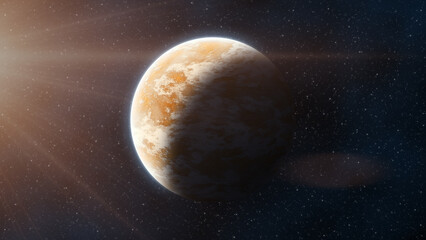 View of a planet in red tones in space. Fantasy and science fiction scene. 3D Rendering