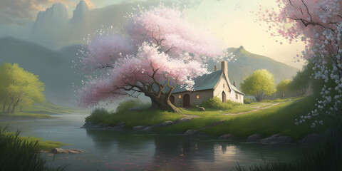 Fresh spring landscape with artist style