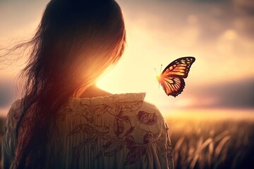 A beautiful field at sunset with a woman standing with her back to the camera, a butterfly landing on her shoulder, generative ai
