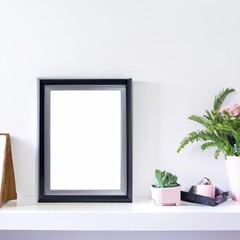 Mockup frame in living room with a window and a plant. View of modern decor style interior with artwork mock up on wall.