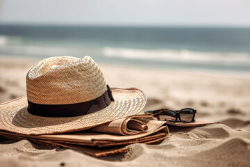 Tropical Getaway Essentials. Straw hat, bag and sun glasses. Generative Ai