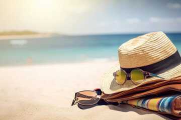 Tropical Getaway Essentials. Straw hat, bag and sun glasses. Generative Ai