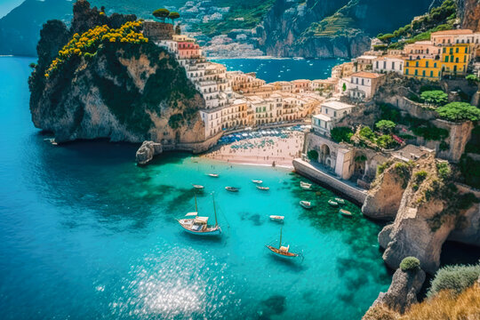 The rugged coastlines and crystal-clear waters of the Amalfi Coast, Italy - Generative AI