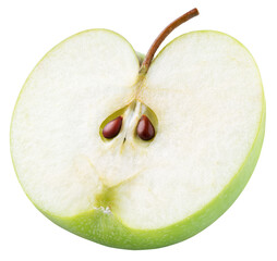 Green apple half with seeds and stem isolated on transparent background.