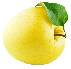 Single ripe yellow apple fruit with green leaf isolated on transparent background. Golden apple.