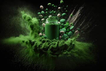 Transformation of Green Powder into Pill: A Visual Journey - obrazy, fototapety, plakaty
