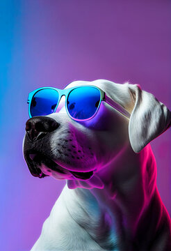 Modern abstract animal portrait, dog with sunglasses on neon purple background. Funny concept. Illustration, Generative AI.