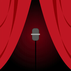 Scene with microphone, red curtain and spotlight. Art concept.