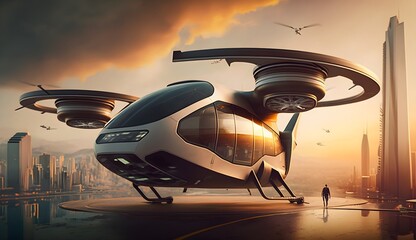 Flying air taxi Future of urban air mobility, helicopter, UAM urban air mobility, Public aerial transportation, Passenger Autonomous Aerial Vehicle AAV in futuristic city