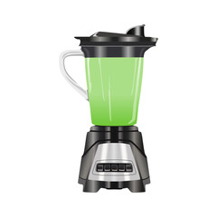 Blender with avocado juice, modern kitchen appliances, realistic vector illustration with black and silver color in trendy flat 3d style. Editable graphic resources for many purposes.