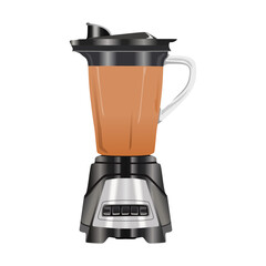 Blender with orange juice, modern kitchen appliances, realistic vector illustration with black and silver color in trendy flat 3d style. Editable graphic resources for many purposes.