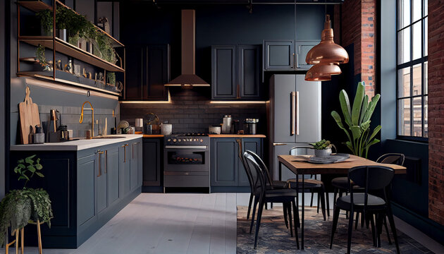 Industrial Chic Elegance A Sleek And Sophisticated Kitchen With Industrial Accents, Generative AI