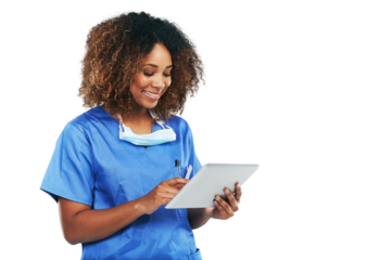 A Black woman, tablet and doctor with smile, focus or research with healthcare article. Isolated nurse, mobile tech touchscreen and reading email, social media app or news isolated on a png background