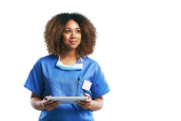 Nurse, healthcare and black woman with tablet idea. Technology, wellness and thinking female medical physician with touchscreen for research or telehealth isolated on a png background