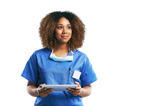 Nurse, healthcare and black woman with tablet idea. Technology, wellness and thinking female medical physician with touchscreen for research or telehealth isolated on a png background