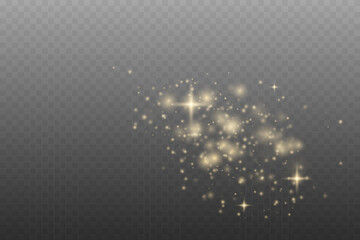 Gold sparkling dust with gold sparkling stars. Bokeh light lights effect background.