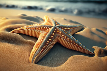 Fototapeta na wymiar Realistic Starfish on Sandy Beach. Generative Ai