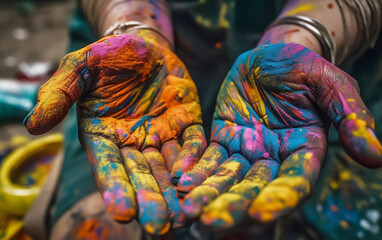 Painter showing palms of hands covered in Colorful Paint. Close up with shallow focus. Concept of painting and making art. Illustrative generative AI.