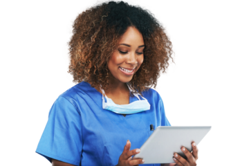 Doctor black woman, tablet and communication, smile or focus on healthcare research. Isolated nurse, mobile tech touchscreen and reading on social network, app or chat isolated on a png background