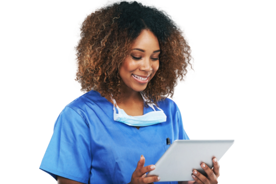 Doctor black woman, tablet and communication, smile or focus on healthcare research. Isolated nurse, mobile tech touchscreen and reading on social network, app or chat isolated on a png background