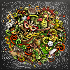 Brazil hand-drawn cartoon doodles illustration. Funny travel design. Creative art vector background. Brazilian symbols, elements and objects. Chalkboard composition