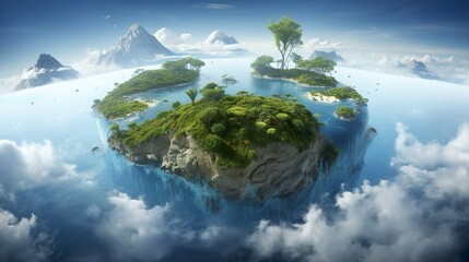 Abstract earth ecosystem, Flying island with mountains on background, Generative Ai