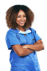 A Black woman, portrait and nurse with arms crossed. Medic, healthcare or confident, happy or proud...
