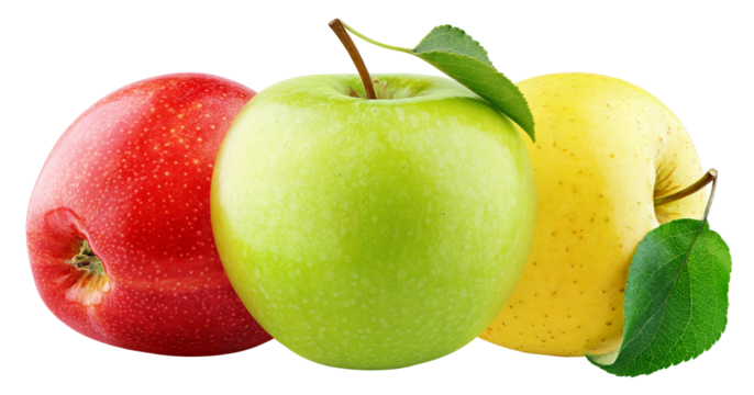 Colorful apples with leaves isolated on transparent background. Red, green, yellow apples with leaf
