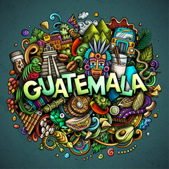 Guatemala cartoon doodle illustration. Funny design. Creative vector background. Handwritten text with Central America elements and objects. Colorful composition