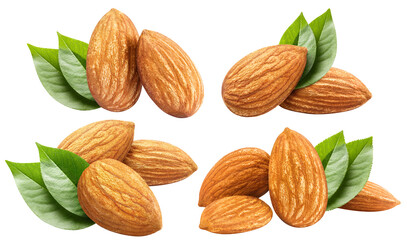 Obraz na płótnie Canvas Set of almonds with leaves, cut out