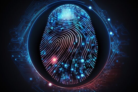 Fingerprint scanning, biometric authentication, cybersecurity and fingerprint password, future technology and cybernetic. E - kyc( electronic know your customer) , technology against digital
