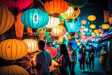 Fototapeta premium A vibrant and bustling night market in Taipei, Taiwan, with colorful lanterns, long exposure, illustration - Generative AI