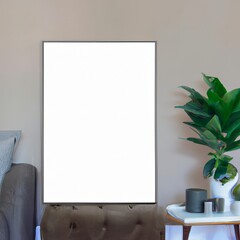 Interior of a room with a white frame. View of modern decor style interior with artwork mock up on wall.