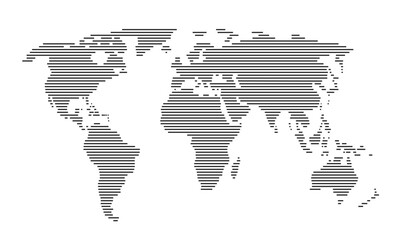 World map modern stylized design. Abstract world map, horizontal lines, stripes. Pattern of black stripes. Vector