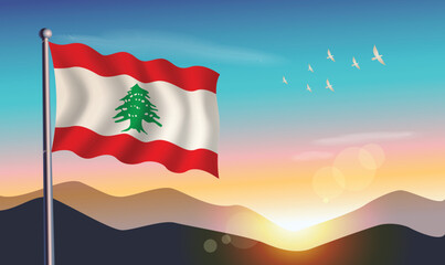 Lebanon flag with mountains and morning sun in background